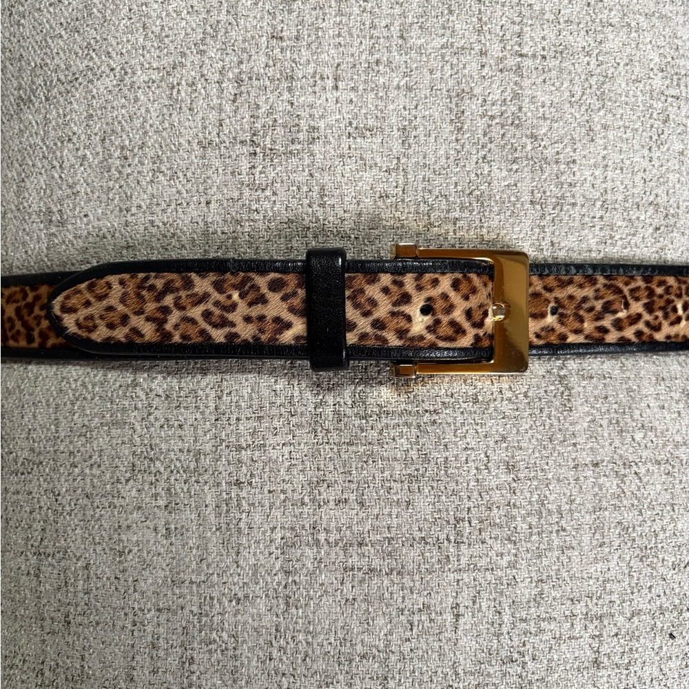 Leopard Print Genuine Cowhide Belt with Gold Buckle and Black Leather Trim